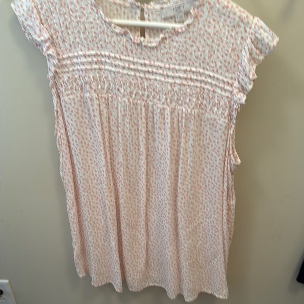 LOFT Pink and Orange Flutter Sleeve Blouse with Smocked Bib Collar